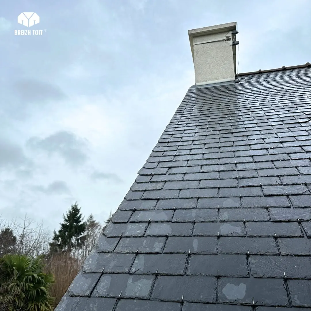 Toiture couverte de mousse et de lichen, nettoyée à neuf (Breizh Toit)