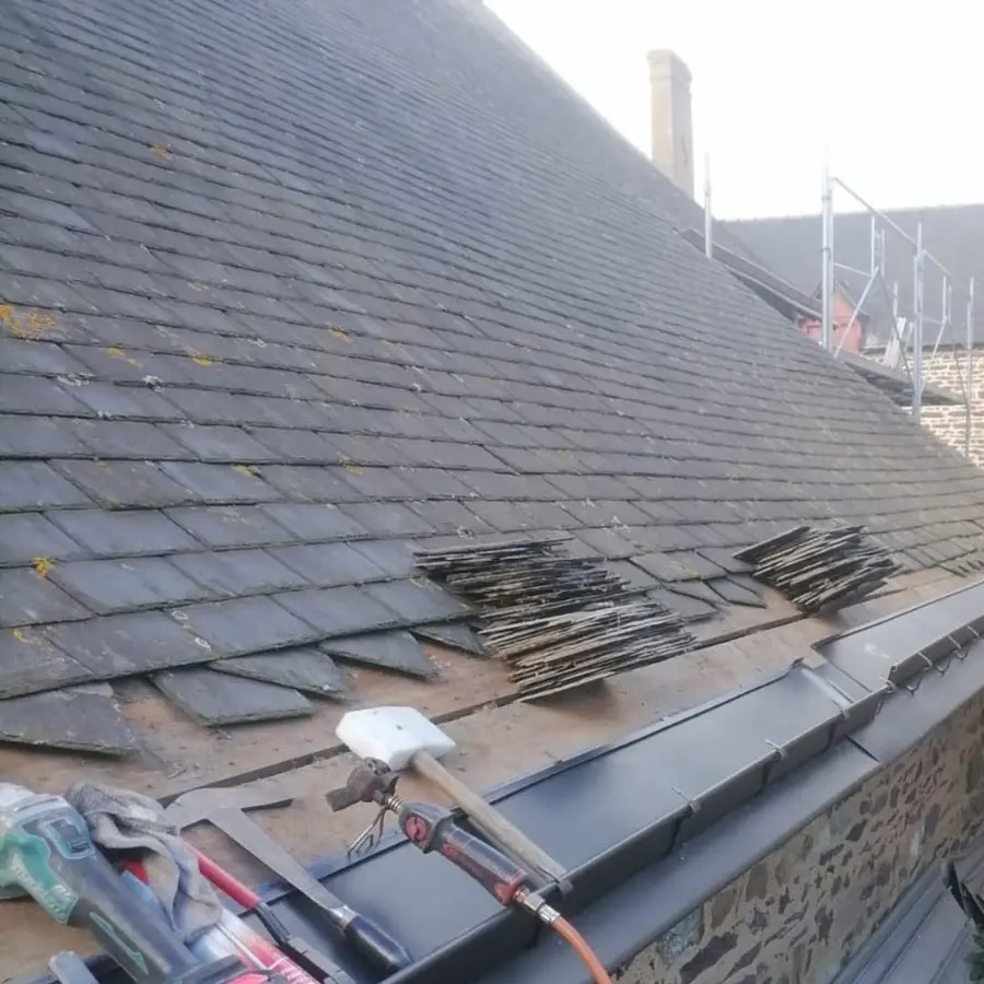 Gouttières nantaises en zinc anthracite sur une toiture en ardoises (photo 2)